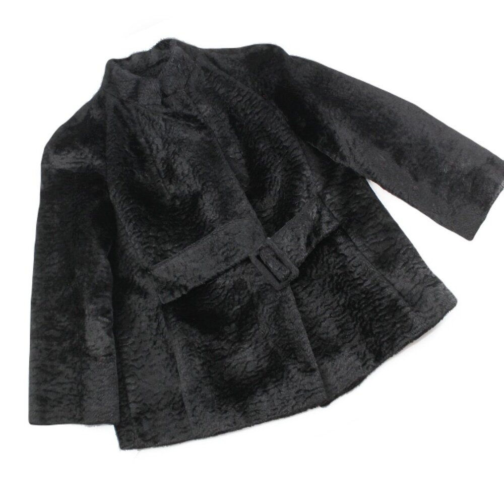 VTG 50s 60s Faux Fur Jacket Black Belted Satin Lined Stand Collar Swing Coat M - Picture 9 of 16